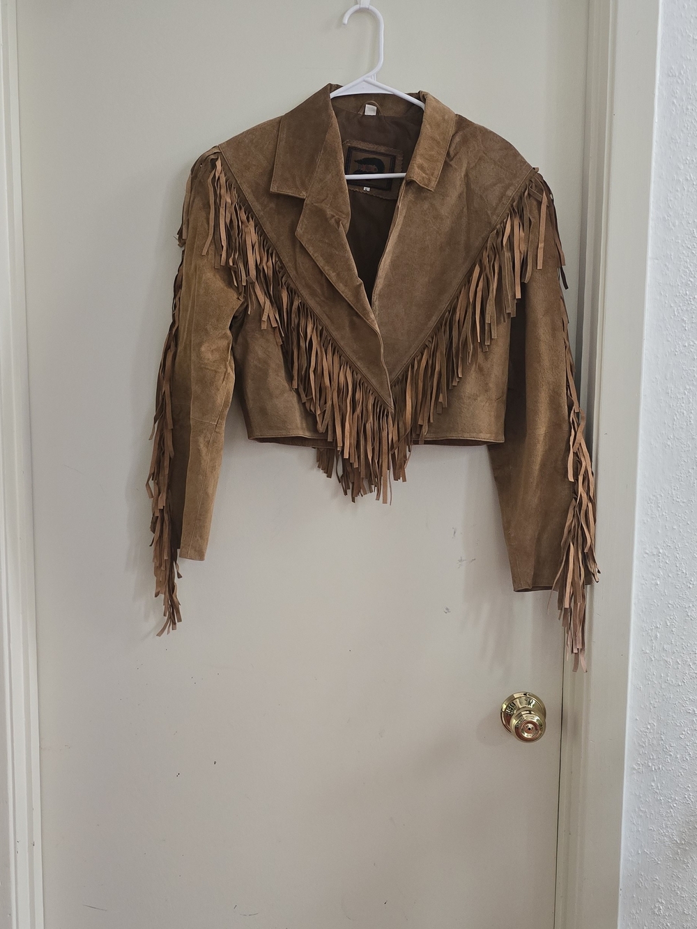 Vtg Fox Run Tan Suede Leather Fringe Jacket Cropped Western Boho Cowgirl Size S